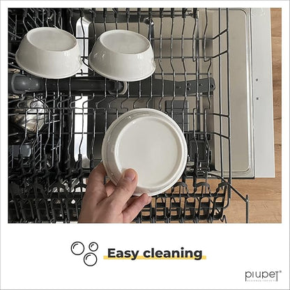 PiuPet® Cat Bowls for Indoor Cats 8.5 fl oz with Rack, Set of 3 Bowls for Cats and Small Dogs, White Ceramic Cat Bowls with Stylish and Non-Slip Bamboo Frame I Ergonomic Kitten Bowls for Easy Cleaning