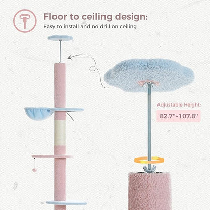 PETEPELA Floor to Ceiling Cat Tree[83"-108"], Cat Tower 5 Levels, Height Adjustable, Cat Scratching Post with Top Perches and Spacious Condo for Large Indoor Cats, Blue