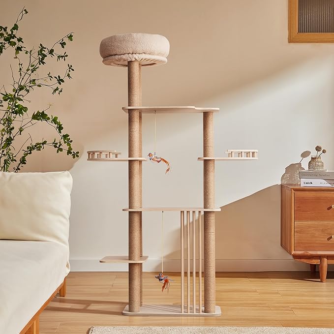 Choc chick Wood Cat Tree for Indoor Cats Large Adult, 68 Inches Tall Multi Level Cat Tower with Scratching Post Sisal-Covered, Modern Cat Tree Plush Cattery Chirping Bird Cat Toy