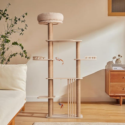 Choc chick Wood Cat Tree for Indoor Cats Large Adult, 68 Inches Tall Multi Level Cat Tower with Scratching Post Sisal-Covered, Modern Cat Tree Plush Cattery Chirping Bird Cat Toy