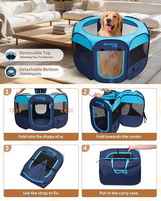 KingCamp Dog Playpen, Portable Foldable Cat Kitten Puppy Tent Crates 29"/36"/50" Pop Up Pet Playpen with Zippered Bottom & Cover for Indoor Outdoor Use (X-Large, Blue)