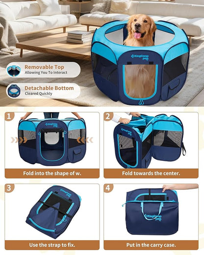 KingCamp Dog Playpen, Portable Foldable Cat Kitten Puppy Tent Crates 29"/36"/50" Pop Up Pet Playpen with Zippered Bottom & Cover for Indoor Outdoor Use (X-Large, Blue)