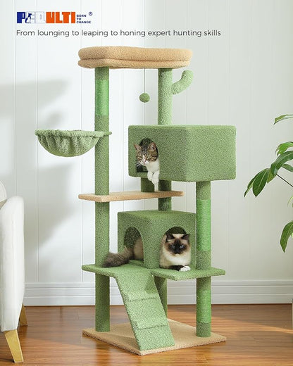 PEQULTI 56.3'' Cat Tree for Large Cats with Super Large Top Perch, Tower for Indoor Cats with Hammock and Sleeping Bag, Cat Shelves with Scratching Posts and 2 Condos Houses Green
