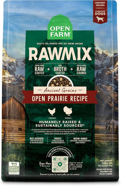 Open Farm, RawMix Dry Dog Food with Ancient Grains, Protein-Packed Kibble Coated in Bone Broth with Freeze Dried Raw Chunks, Chicken & Turkey, Open Prairie Recipe, 20lb Bag