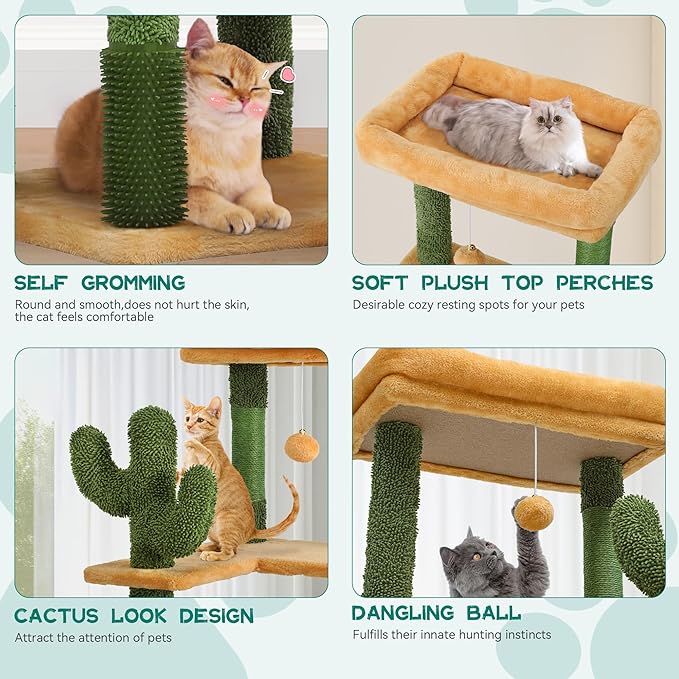 YITAHOME 60in Cactus Cat Tree: Multi-Level Tall Kitty Tower Indoor, Large Kitten Condo with Plush Platform, Hammock, Scratching Posts, and Dangling Balls for 2-3 Cats