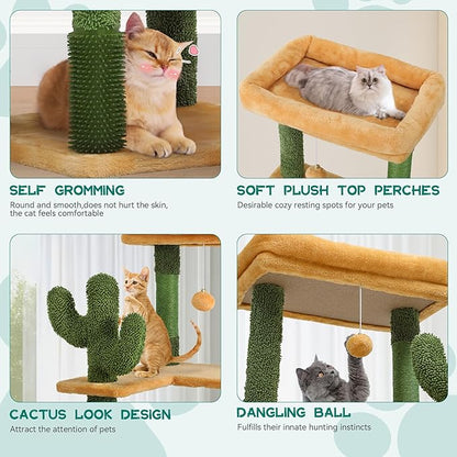 YITAHOME 60in Cactus Cat Tree: Multi-Level Tall Kitty Tower Indoor, Large Kitten Condo with Plush Platform, Hammock, Scratching Posts, and Dangling Balls for 2-3 Cats