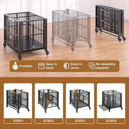 Polar Aurora Heavy Duty Dog Crate, Foldable Indestructible Dog Kennel, Escape Proof Extra Large Dog Cage with Lockable Wheels, High Anxiety Pet Playpen with Double Door for Indoor/Outdoor Use. (38in)