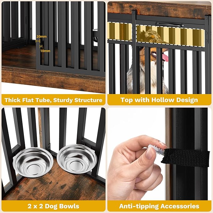 DWVO 71" Double Dog Crate Furniture for 2 Medium Dogs, Heavy Duty Wood Dual Dog Kennel TV Stand with Sliding Doors, Decorative Wooden 2 Dog Cage Table with Dog Bowls for Extra Large Dogs Rustic Brown