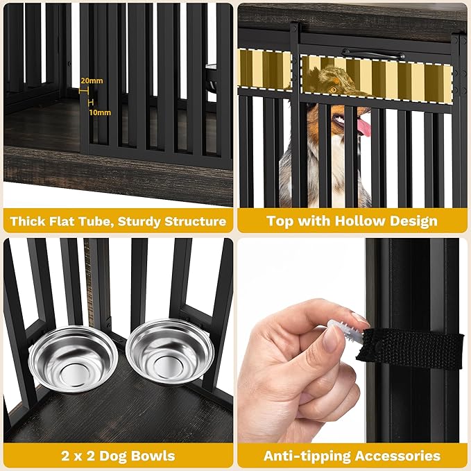 DWVO 71" Double Dog Crate Furniture for 2 Medium Dogs, Heavy Duty Wood Dual Dog Kennel TV Stand with Sliding Doors, Decorative Wooden 2 Dog Cage Table with Dog Bowls for Extra Large Dogs Black Oak