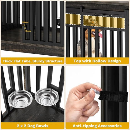 DWVO 71" Double Dog Crate Furniture for 2 Medium Dogs, Heavy Duty Wood Dual Dog Kennel TV Stand with Sliding Doors, Decorative Wooden 2 Dog Cage Table with Dog Bowls for Extra Large Dogs Black Oak