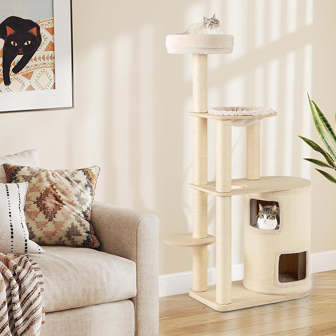 PETSITE 60 Inch Modern Tall Cat Tree for Indoor Cats, Wooden Cat Tree Tower with 2-Story Condo, Sisal Scratching Posts and Board, Top Perch, and Round Napping Bed, Soft Washable Cushions Covered