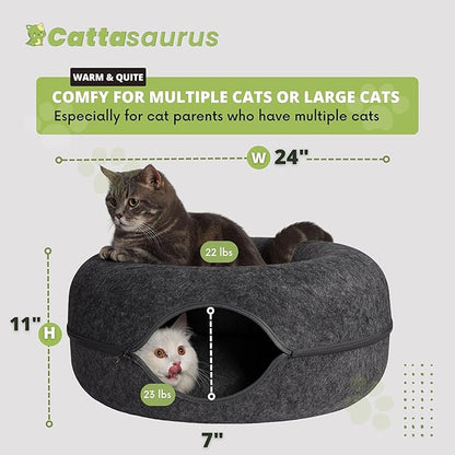 CATTASAURUS Peekaboo Cat Cave for Multiple & Large Cats Up to 30-45 Lbs, Scratch Detachable & Washable Tunnel Bed, Comfy Donut Cat Cave (Dark Gray + Dark Gray, Large)