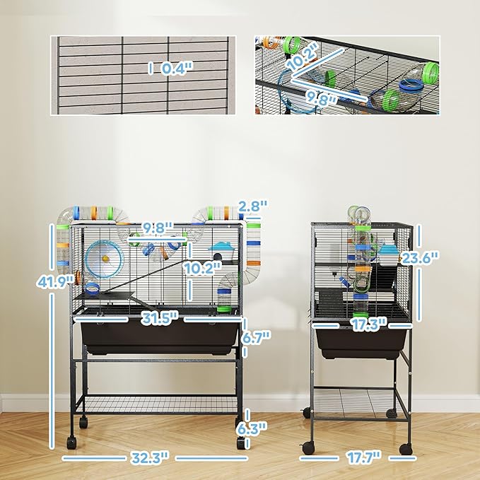 PawHut Large Hamster Cage with Deep Tray, 3 Tier Rolling Rat Cage with Storage Shelf, Big Exercise Wheel, Tube System, Hut, Platforms, Ramps, Food Dish, Water Bottle, for Syrian, Gerbil, Mouse