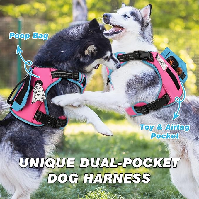 WINGOIN Tactical Dog Harness for Large Dogs, No Pull Harness with Handle Pockets Poop Bag, Reflective Dog Vest, Military Service Heavy Duty Big Dog Harness for Walking Hiking Training (Pink Blue, L)
