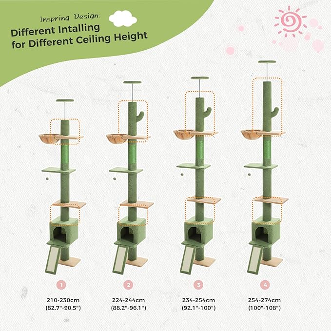 PETEPELA Floor to Ceiling Cat Tree[83"-108"], Cat Tower 5 Levels, Height Adjustable, Cat Scratching Post with Top Perches and Spacious Condo for Large Indoor Cats, Cactus Green