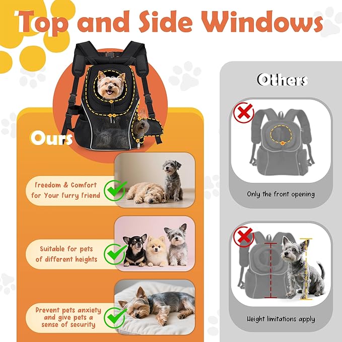 WOYYHO Pet Dog Carrier Backpack with Top and Side Windows, Small Dog Front Backpack Ventilated Mesh Dog Back Pack with Safety Belt for Travel Hiking Outdoor Adventures (Size L: 10-14 lbs, Black 2.0)