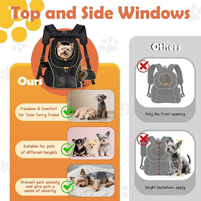 WOYYHO Pet Dog Carrier Backpack with Top and Side Windows, Small Dog Front Backpack Ventilated Mesh Dog Back Pack with Safety Belt for Travel Hiking Outdoor Adventures (Size L: 10-14 lbs, Black 2.0)