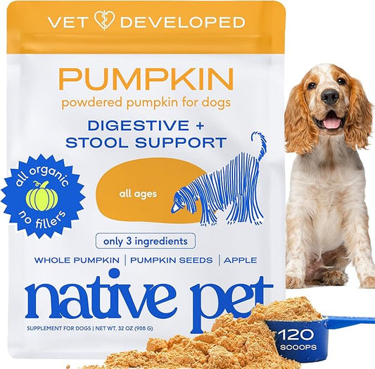 Native Pet Pumpkin for Dogs - Organic Powder Pumpkin Puree Dog Food Toppers-Rich in Fiber Supplement Powder Helps with Digestion, Nutrient Absorption, Diarrhea, Constipation & Upset Stomach-120 Scoops
