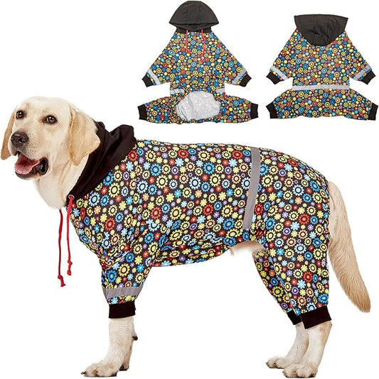LovinPet Large Big Dog Onesies, Wound Care/Post Surgery Dog Shirt, Stop Shedding for Dogs, Pet Anxiety Relief Pajamas, PJ's for Dogs, Reflective Stripe, Gears and Black Print, Pet PJ's, L