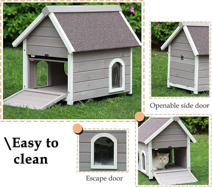 Rockever Outdoor Cat House, Feral Cat House Outdoor Weatherproof with Escape Door and Clear Windows for 2 Cats (Grey)
