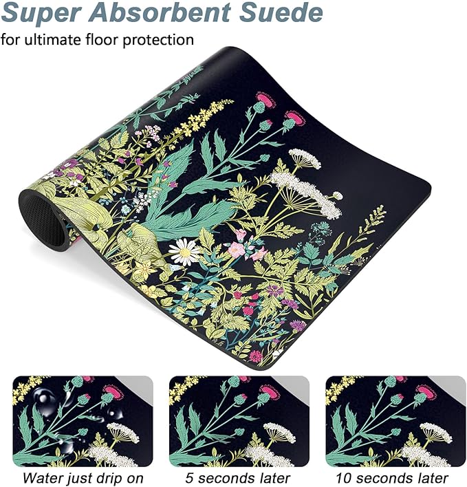 Rnivvi Dog Food Mat, 12" x 19" Flower Absorbent Dog Cat Bowl Mat for Food and Water, Cute Anti-Slip Rubber Pet Feeding Rug Protect Floors, Puppy Placemat for Feeding & Watering Supplies,Black Floral