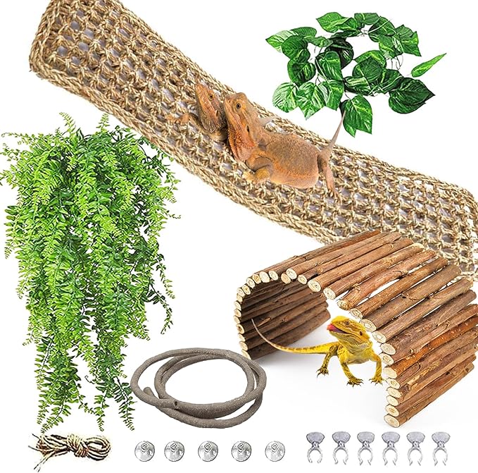 kathson Reptile Hideout Wooden Bridge Bearded Dragon Hammock Reptiles Jungle Climbing Vines Flexible Leaves Bearded Dragon Accessories for Lizard Gecko Chameleon Snake Hamster(5 Pcs)