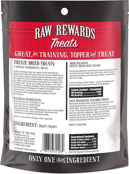 Northwest Naturals Raw Rewards Freeze-Dried Beef Heart Treats for Dogs and Cats - Bite Sized Pieces - Grain Free - 1 Ingredient - Healthy - Human Grade - All Natural - USA Made - 3 Oz