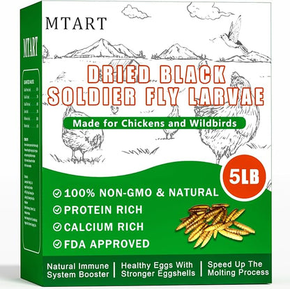 5LB Dried Black Soldier Fly Larvae Treat for Chicken, 100% Natural Non-GMO More Calcium Than Dried Mealworms High Protein Chicken Feed for Birds, Ducks, Layer Hens