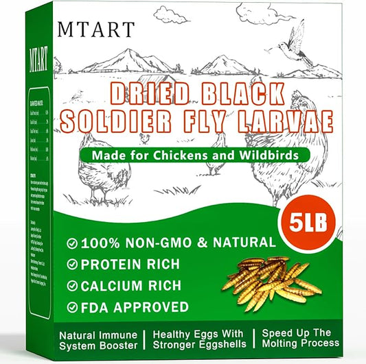 5LB Dried Black Soldier Fly Larvae Treat for Chicken, 100% Natural Non-GMO More Calcium Than Dried Mealworms High Protein Chicken Feed for Birds, Ducks, Layer Hens