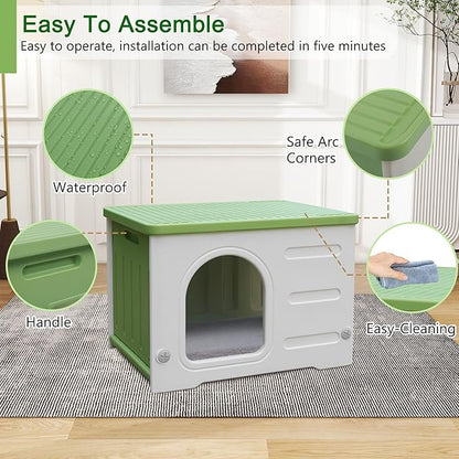 Rockever Plastic Cat House Outdoor with Escape Door, Waterproof Feral Cat House Outdoor Indoor, Sturdy Cat House for Outdoor Cats with Cat Bed Mat, Assemble Easily-Green