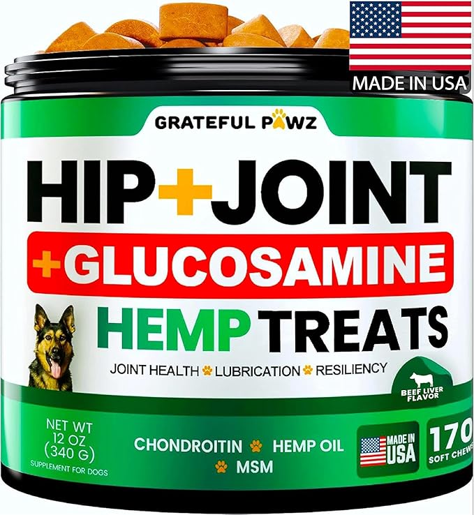 Grateful Pawz Hemp Hip and Joint Supplement for Dogs - Glucosamine for Dogs - 170 Joint Pain Relief Treats - Chondroitin, MSM - Advanced Health Supplement - Beef Liver Flavor - Made in USA