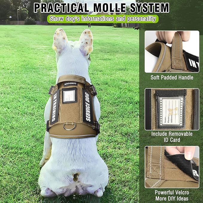 Tactical Dog Harness and Leash Set Medium Sized Dog,Heavy Duty No Pull Service Dog Vest and 10 Patches with Dog Seat Belt,Reflective Adjustable Pet Harness for Training Walking Hiking Brown M