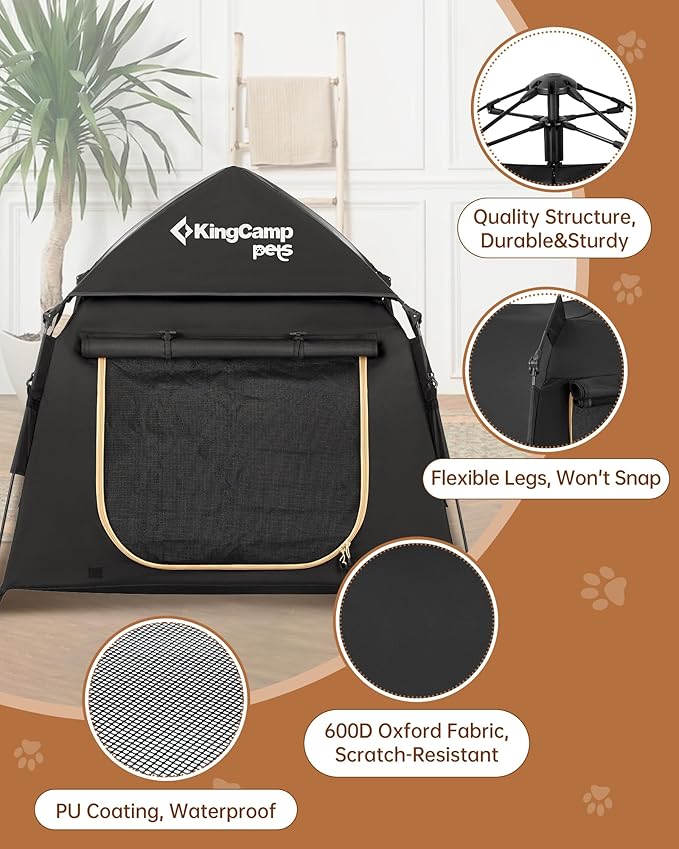 KingCamp Dog Tent, Large Portable Outdoor Indoor Dog House with 600D Oxford Fabric & Dual Layer for Medium Large Dogs, Jet Black