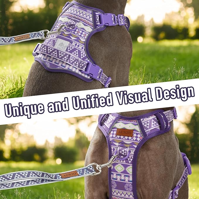 Small Dog No Pull Dog Harness, Pet Harness with ID Card Reflective Strip Soft Padded Handle, Adjustable Vest Harness for Walking Hiking Training, Geometric Pattern, Beagle, Purple Ethnic, S