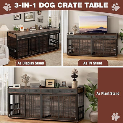 86.6" Double Dog Crate Furniture for Large Breeds,Metal Frame Heavy Duty Chew-Resistant Dog Crate Kennel for 2 Dogs with Adjustable Feeder Bowls/Removable Divider/6 Drawers,Rustic Brown