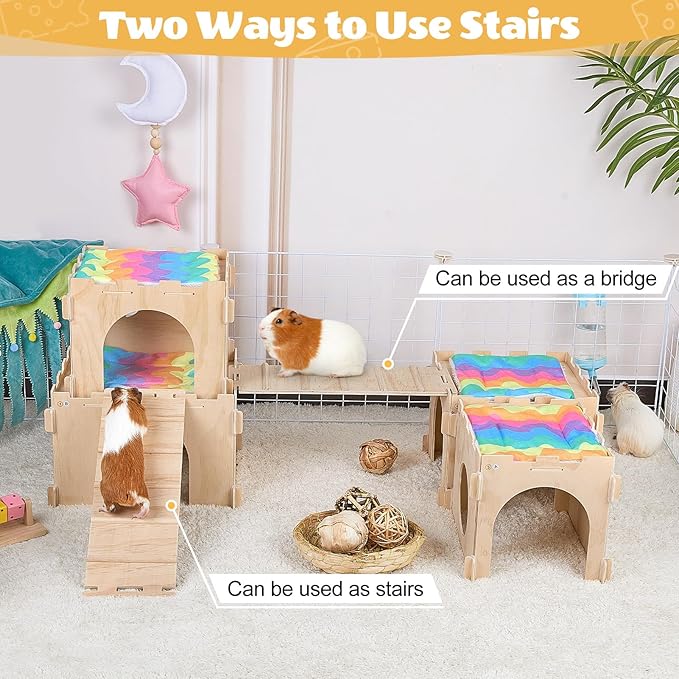 Guinea Pig Hideout, Guinea Pigs House with Stairs and Mats Extra Large Guinea Piggy Castle Detachable Hideouts for Small Animals Wooden Guinea Pig Habitats with Multiple Doors and Windows