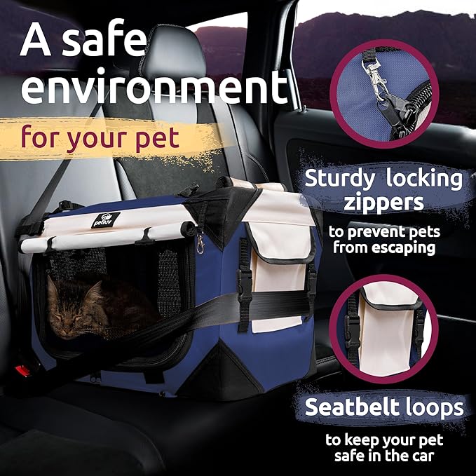 Medium Cat & Dog Carrier for Most Cats or Small Dogs, Soft-Sided, Collapsible with Locking Zippers, Portable Travel Bag with Soft Bed, Navy