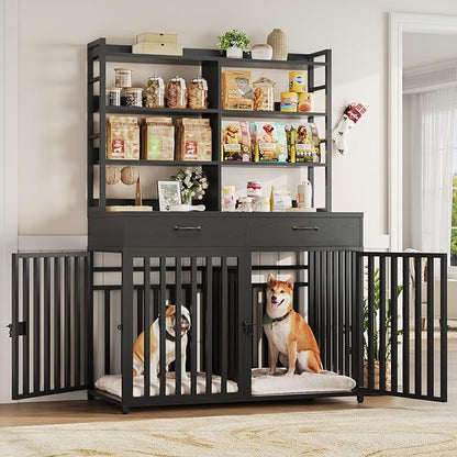 Keyluv 71''H x 47.2''W Large Dog Crate Furniture with 4-Tier Shelves and 2 Storage Drawers, Heavy Duty Dog Cage Furniture with 2 Doors, Wood & Metal Dog Kennel Indoor for Small/Medium/Large Dog, Black