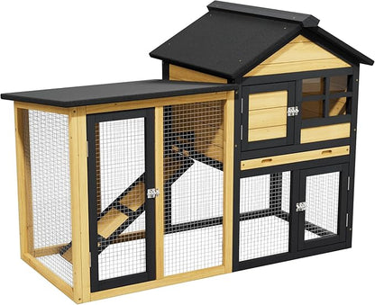 Chicken Coop, Chicken Run,Small Wooden Duck Coop Outdoor 2-Tier Hen House All Weather Used Poultry Quail Cage Rabbit Pet Hutch House with Ramp for Small Animals (Yellow Black)