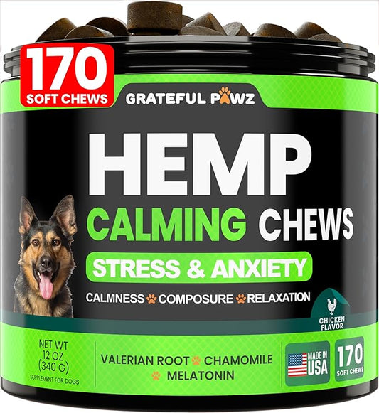 Grateful Pawz Hemp Calming Chews for Dogs - Dog Calming Chews - 170 Anxiety Relief Treats with Hemp Oil - Sleep Aid - Advanced Health Joint Support Supplement - Health & Wellness