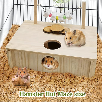 kathson Hamster Multi-Chamber Hideouts, Wooden House Maze Tunnels Exploring Toy Small Animal Activity Sport Playground Platform with Chew Molar Stone Toys for Dwarf Hamster Gerbils Mice Syrian