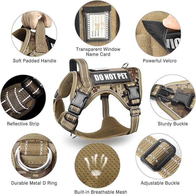 Tactical Dog Harness and Leash Set Medium Sized Dog,Heavy Duty No Pull Service Dog Vest and 10 Patches with Dog Seat Belt,Reflective Adjustable Pet Harness for Training Walking Hiking Camo M