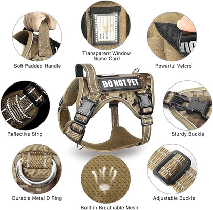 Tactical Dog Harness and Leash Set for Large Dogs,Heavy Duty No Pull Service Dog Vest and 10 Patches with Dog Seat Belt,Reflective Adjustable Pet Harness for Training Walking Hiking Camo XL