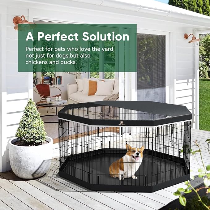 PJYuCien Dog Playpen, 8 Panels 24’’H Dog Pens Indoor with Bottom Pad and Top Cover, Metal Foldable Pet Puppy Exercise Fence Crate Kennel, Better for Small Animals,Black