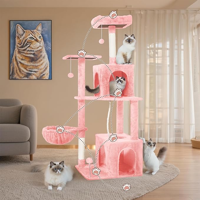 Cat Tree, 54-Inch Cat Tower for Indoor Cats,Plush Multi-Level Cat Condo with Scratching Posts, Basket, Perches,2 Caves,2 Pompoms(Pink)
