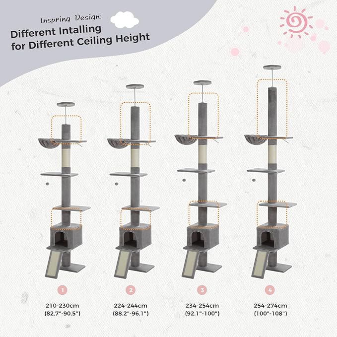 PETEPELA Floor to Ceiling Cat Tree[83"-108"], Cat Tower 5 Levels, Height Adjustable, Cat Scratching Post with Top Perches and Spacious Condo for Large Indoor Cats, Dark Grey