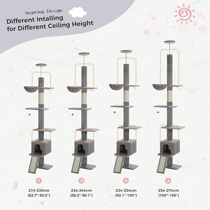 PETEPELA Floor to Ceiling Cat Tree[83"-108"], Cat Tower 5 Levels, Height Adjustable, Cat Scratching Post with Top Perches and Spacious Condo for Large Indoor Cats, Dark Grey