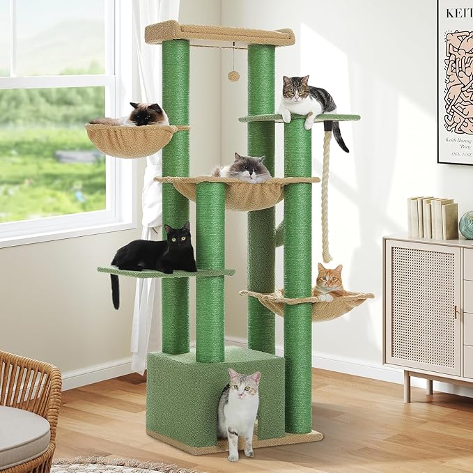 XXL Cactus Cat Tree, 67" Heavy Duty Cat Tower for Indoor Cats Large Adult with 13 Thick Scratching Posts (φ4.3), Large Perch, Spacious Condo & Big Hammock - for Maine Coon up to 20 lbs, Green