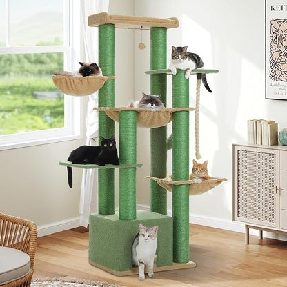 XXL Cactus Cat Tree, 67" Heavy Duty Cat Tower for Indoor Cats Large Adult with 13 Thick Scratching Posts (φ4.3), Large Perch, Spacious Condo & Big Hammock - for Maine Coon up to 20 lbs, Green