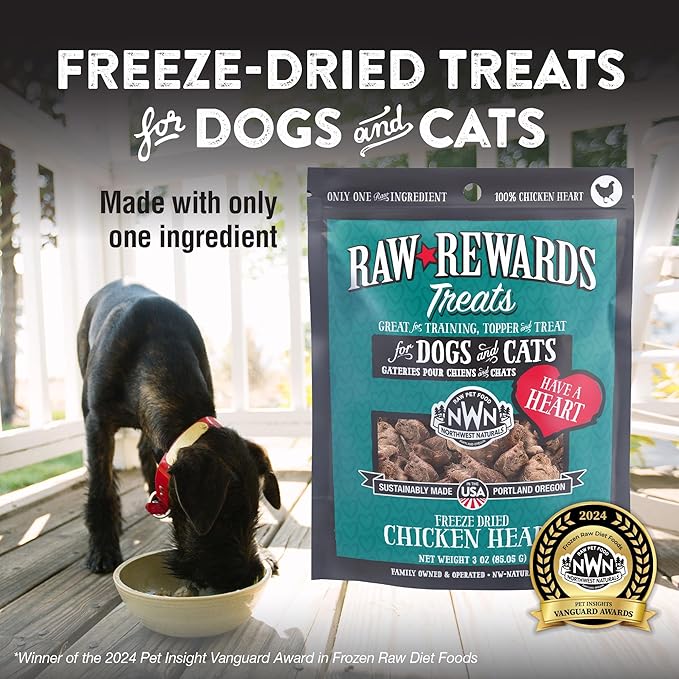 Northwest Naturals Raw Rewards Freeze-Dried Chicken Heart Treats for Dogs and Cats - Bite-Sized Pieces - Healthy, 1 Ingredient, Human Grade Ingredients, Natural, Proudly Made in USA, 3 Oz (Pack of 3)